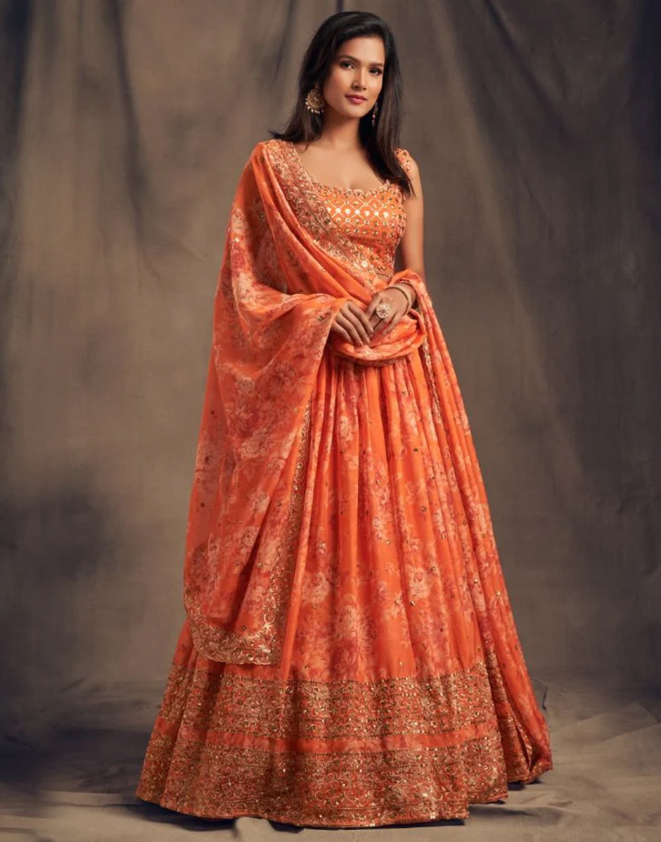 Orange Color Sequins Zari Embroidery Lehenga - Rent