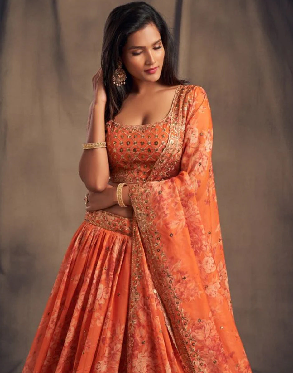 Orange Color Sequins Zari Embroidery Lehenga - Rent