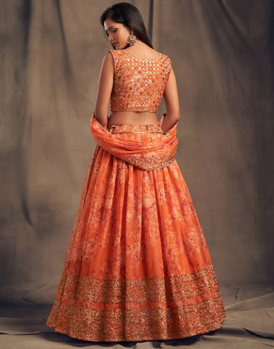 Orange Color Sequins Zari Embroidery Lehenga - Rent_2