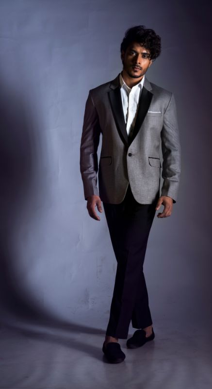Slubbed Grey Blazer with Half Black Tux Lapel Set-Men-Glamourental
