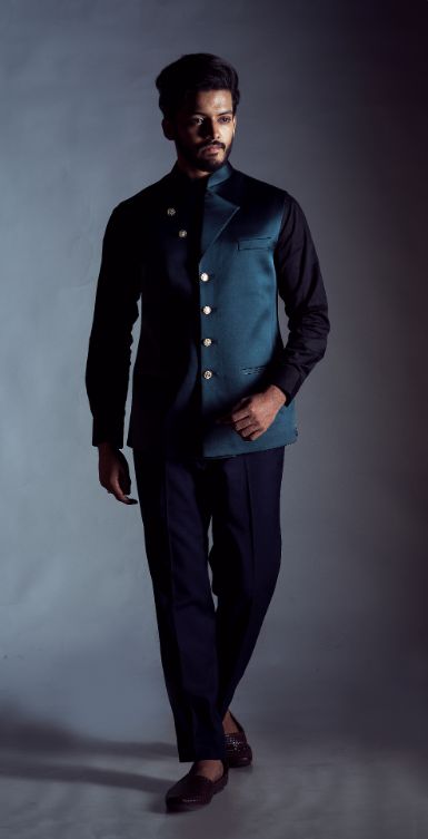 Teal Blue Nehru Coat with Asymmetric Collar-Men-Glamourental