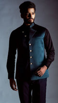 Teal Blue Nehru Coat with Asymmetric Collar-Men-Glamourental