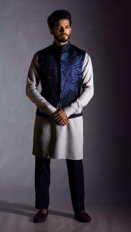 Navy Blue Embroidered Nehru Coat-Men-Glamourental