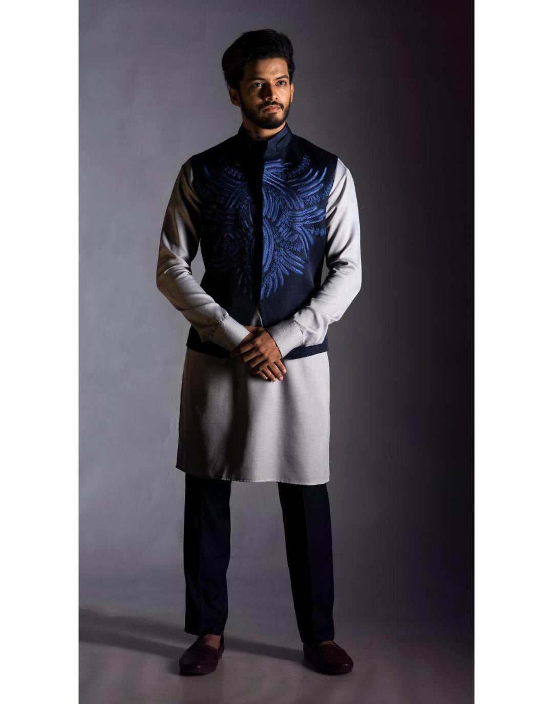 Navy Blue Embroidered Nehru Coat & Kurta Set-Men-Glamourental