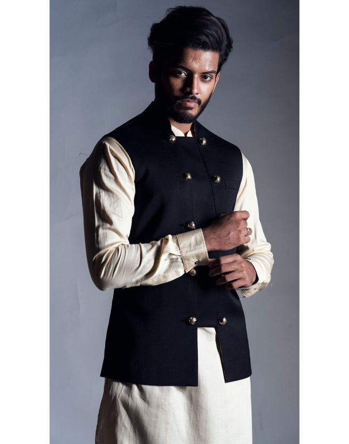 Black Nehru Coat with a Cream Kurta and Trouser-Men-Glamourental