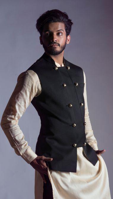 Black Nehru Coat with a Double Breasted Panel-Men-Glamourental