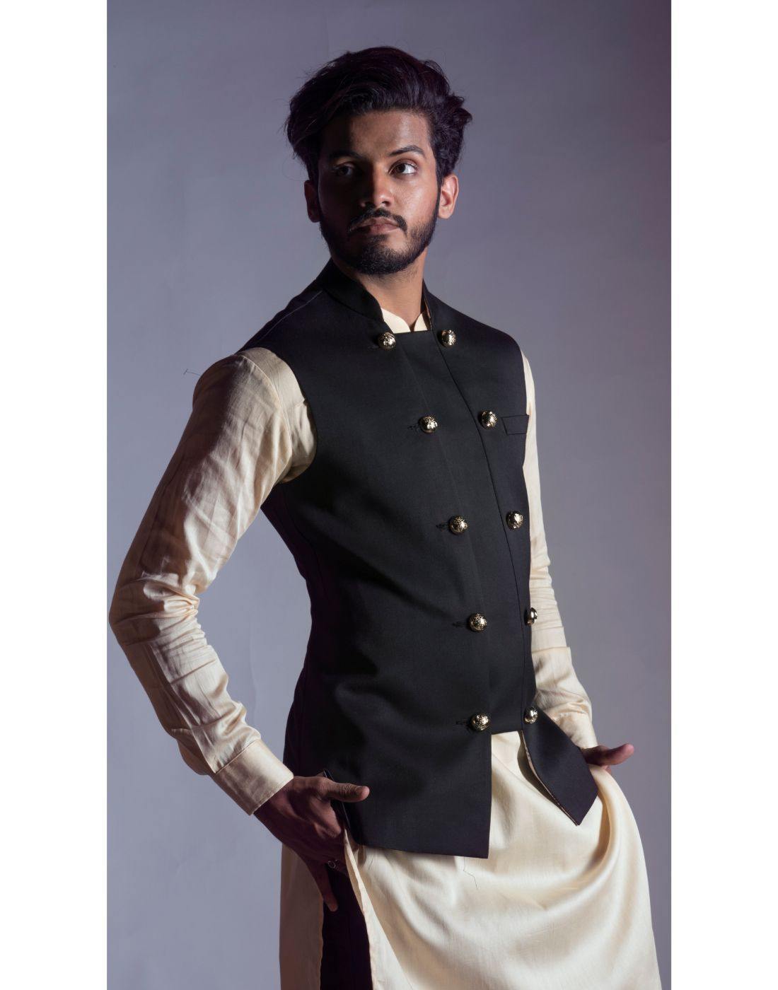 Readymade Black Kurta & White Woven Nehru Jacket Latest 932MW04