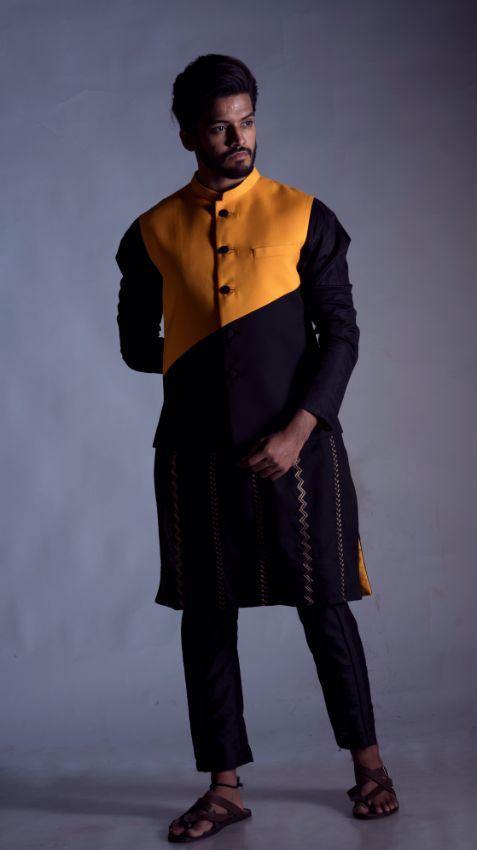 Nehru Coat in Yellow and Black Colour Block-Men-Glamourental