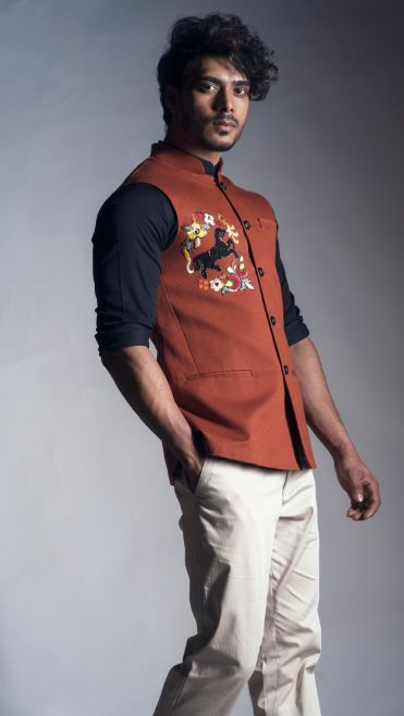 Rust Orange Nehru Coat with Embroidered Stallion Motif-Men-Glamourental