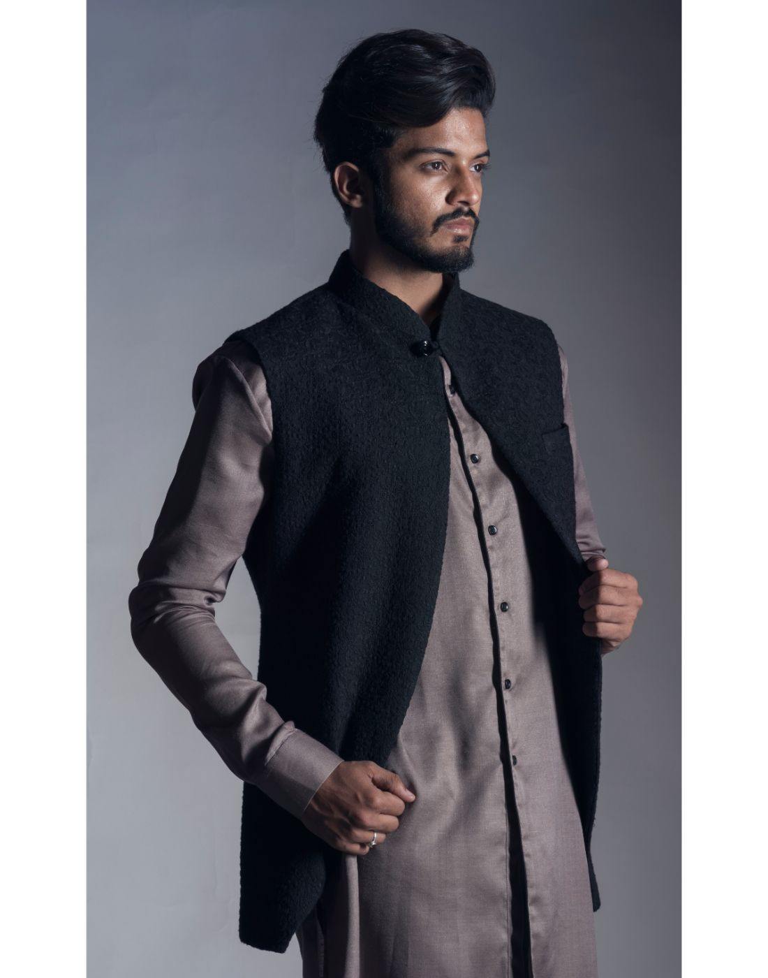 Open Front Chikankari Nehru Coat in Jet Black-Men-Glamourental