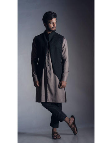 Open Front Chikankari Nehru Coat in Jet Black-Men-Glamourental