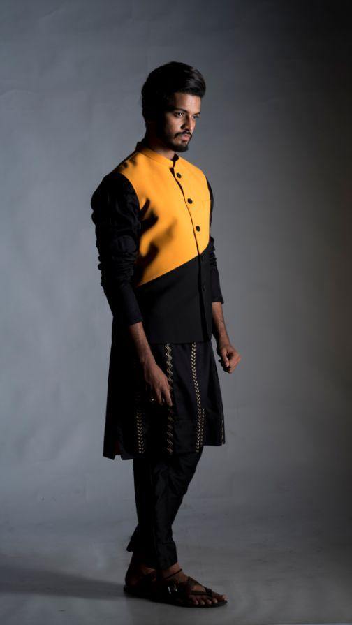 Nehru Coat in Yellow and Black Colour BlocK Jacket & Kurta Set-Men-Glamourental