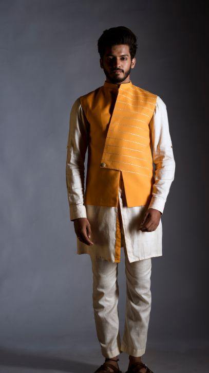 Bright Yellow Embroidered Nehru Coat with an Off White Shirt Kurta Set-Men-Glamourental