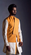 Bright Yellow Embroidered Nehru Coat with an Off White Shirt Kurta Set-Men-Glamourental