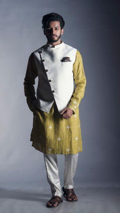 Plain White Off Centre Nehru with a Subdued Green Kurta-Men-Glamourental