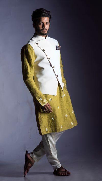 Green Woven-Design Mandarin Collar Nehru Jacket – Inddus.com