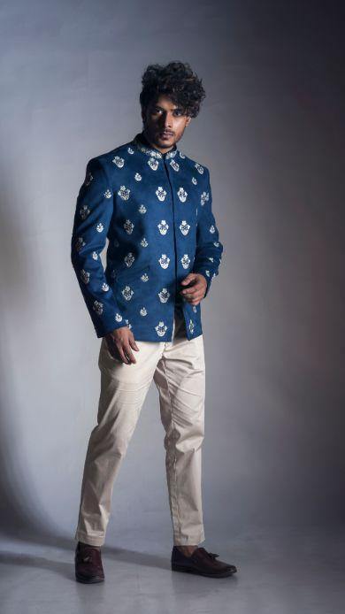 Prince Coat in Blue Suede with Narrow Fit Cream Trouser-Men-Glamourental