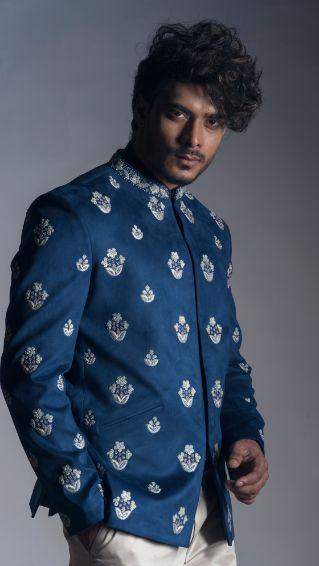 Prince Coat in Blue Suede with Narrow Fit Cream Trouser-Men-Glamourental