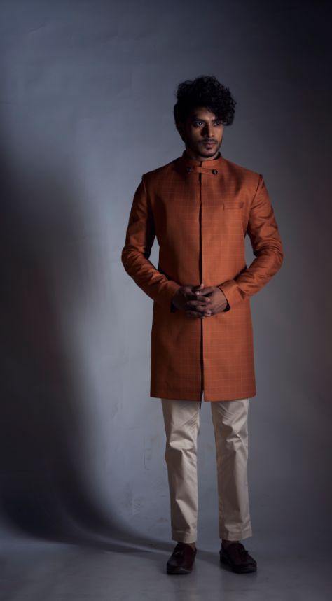 Sherwani with a Rust Orange and Cream- Wedding outfits for Men-Men-Glamourental