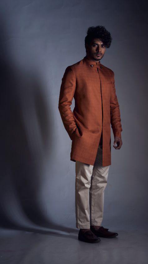 Sherwani with a Rust Orange and Cream- Wedding outfits for Men-Men-Glamourental