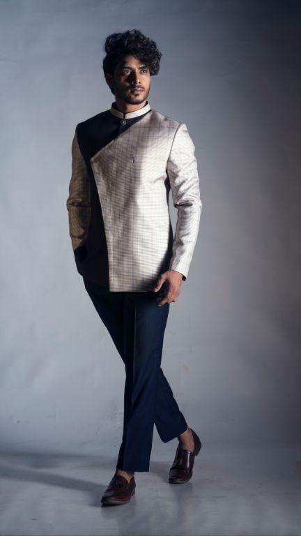 Prince Coat with Half and Half Detailing in Dual Textures and Tones of Navy Blue with Navy Trouser-Men-Glamourental