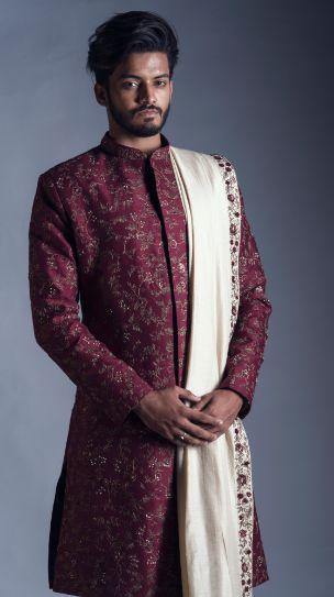 Maroon Sherwani with Jaal Zari Work with an Embroidered Silk Dupatta and Churidar-Men-Glamourental