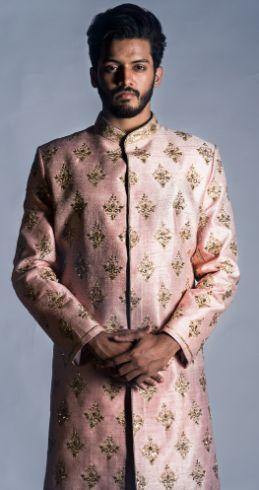 Light Pink Raw Silk Sherwani with Churidar-Men-Glamourental