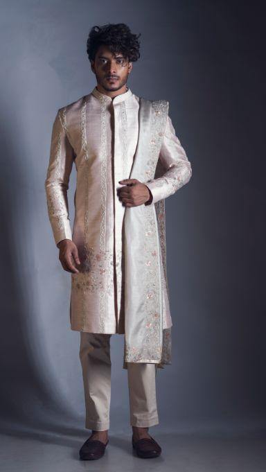 Powder Pink Sherwani with an Embroidered Dupatta-Men-Glamourental