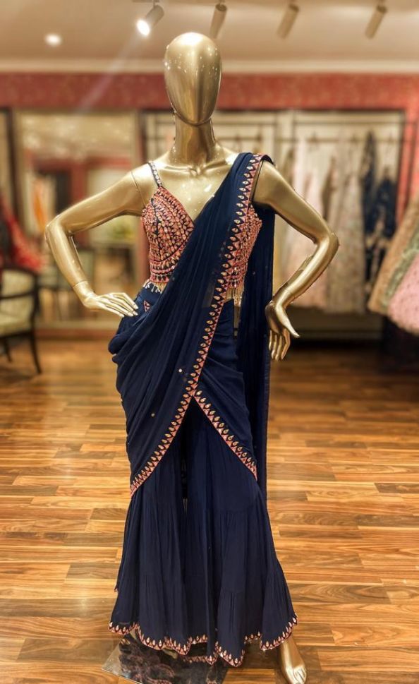 Navy Blue Gharara Drape Saree with Heavy Embroidery Blouse - Buy