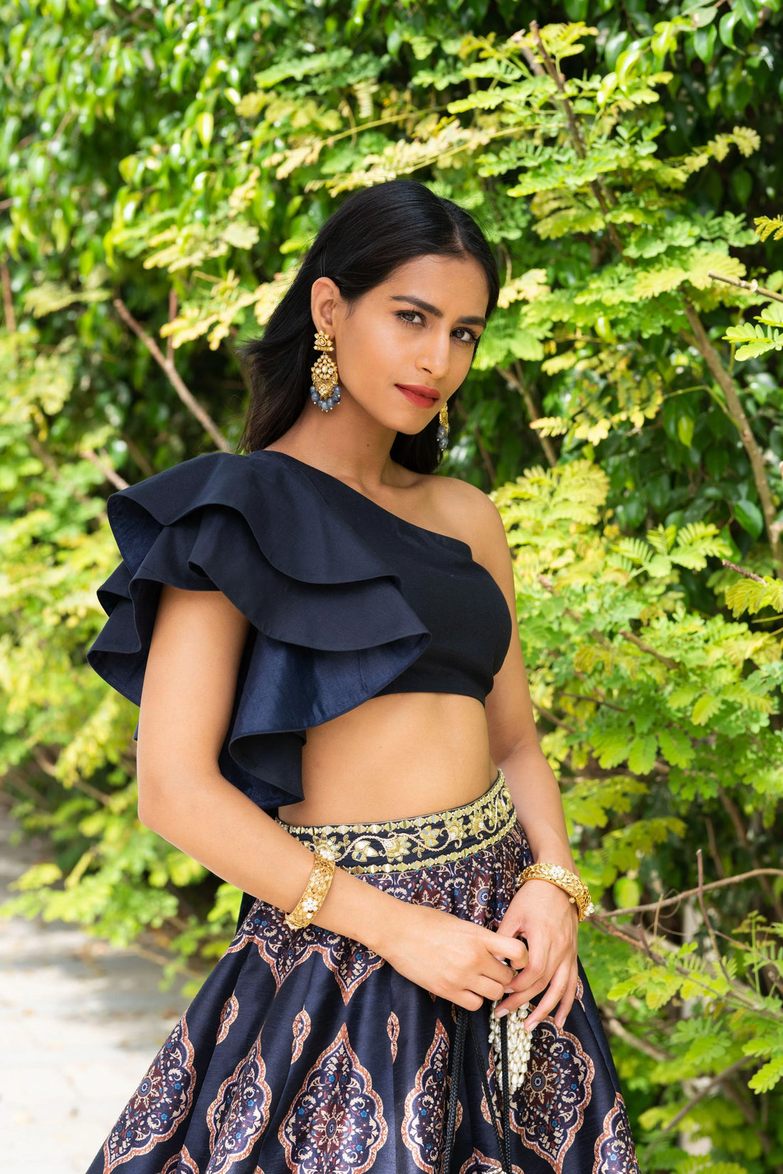 Navy Blue Kaya Printed Designer Lehenga with one shoulder Blouse- Rent - Glamourental