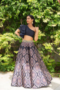 Navy Blue Kaya Printed Designer Lehenga with one shoulder Blouse- Rent - Glamourental