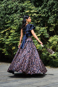 Navy Blue Kaya Printed Designer Lehenga with one shoulder Blouse- Rent - Glamourental