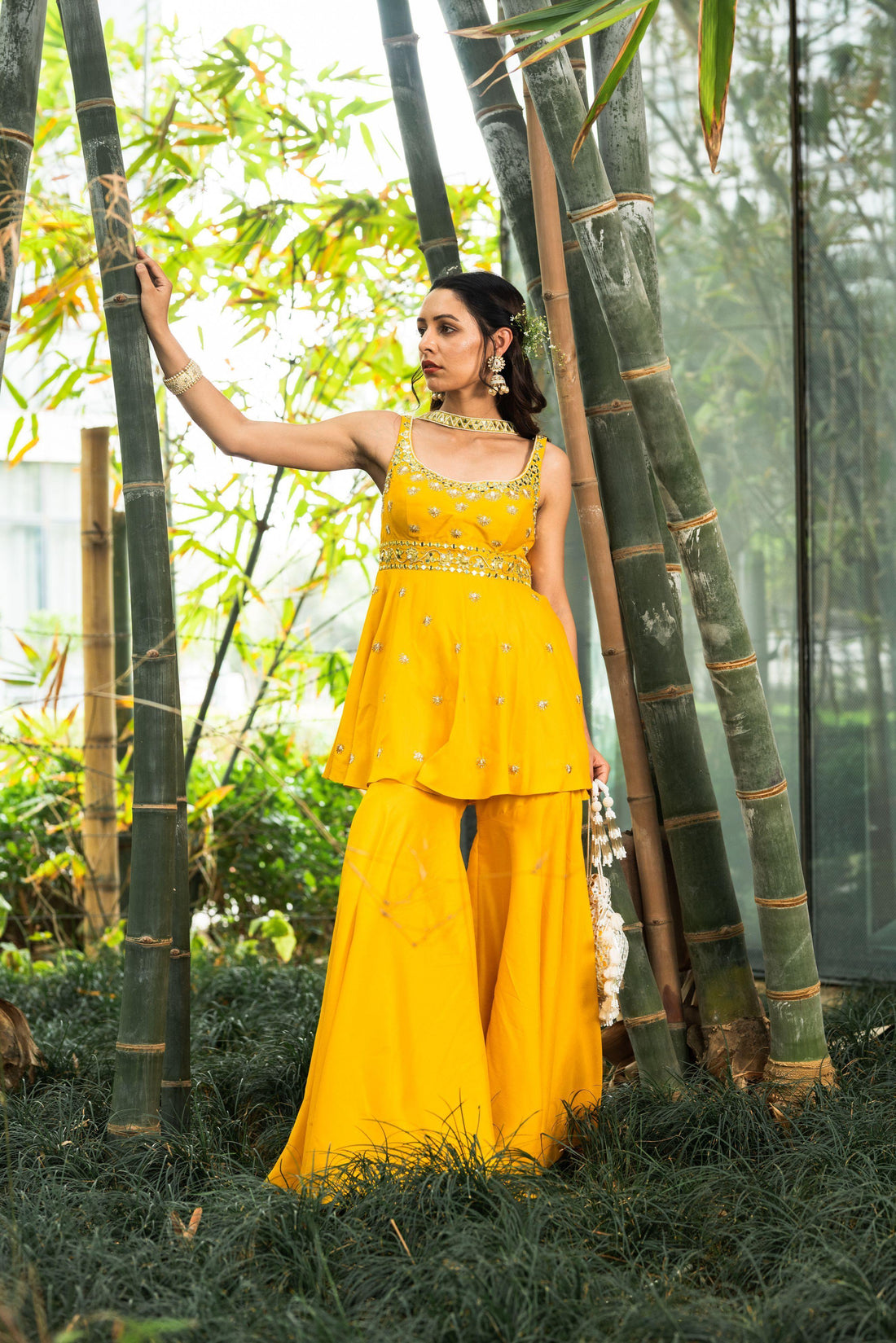 Bright Yellow Peplum Aabira Sharara Set for Rent - Glamourental