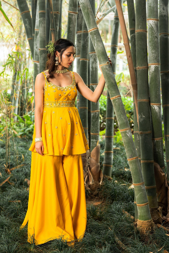 Bright Yellow Peplum Aabira Sharara Set for Rent - Glamourental