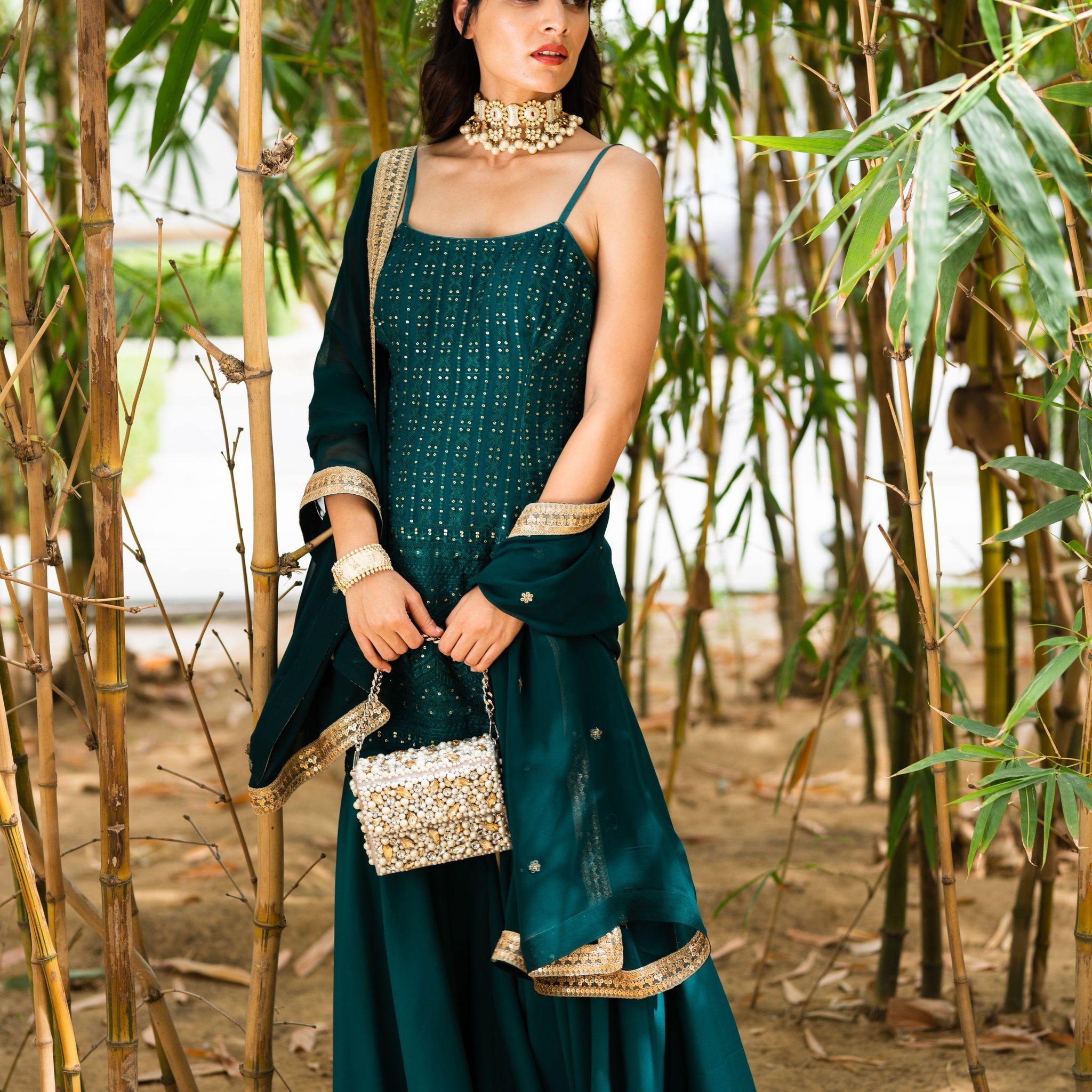 Teal Green Ekayah Sharara Set for Rent - Glamourental