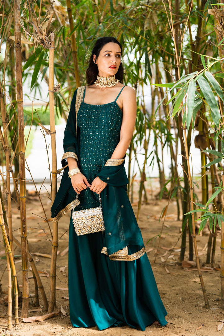 Teal Green Ekayah Sharara Set for Rent - Glamourental