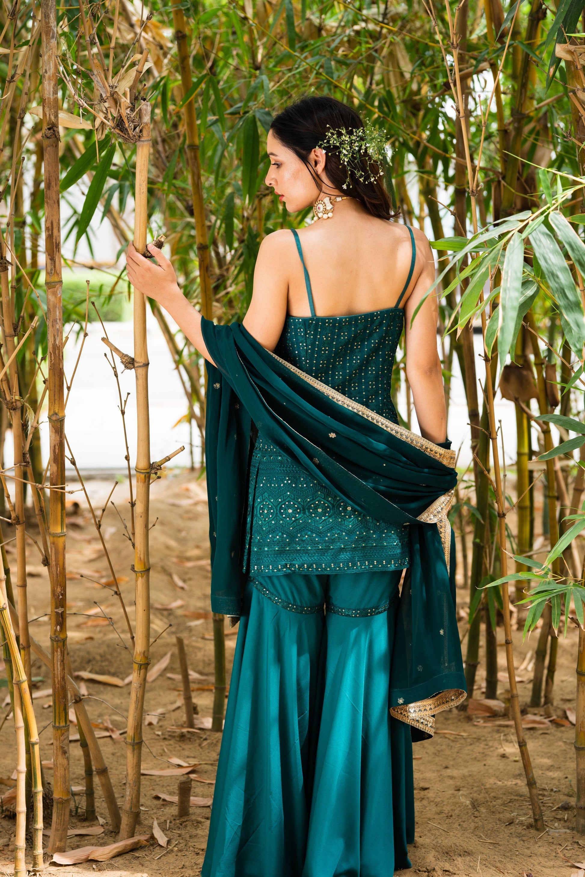 Teal Green Ekayah Sharara Set for Rent - Glamourental