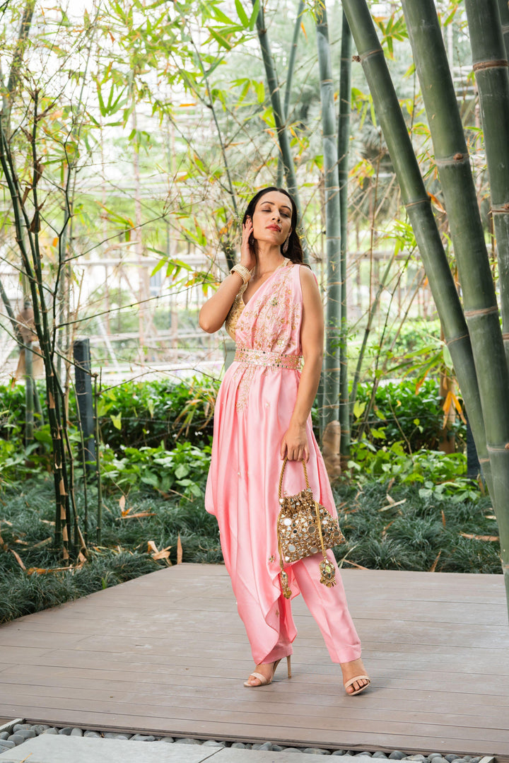 Rent Pink Saanjh Drape Saree Set - Glamourental