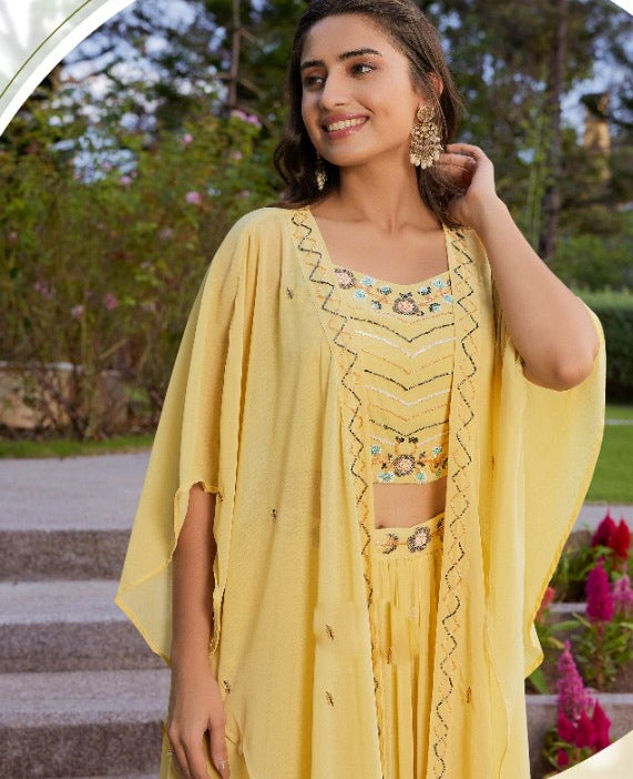 Classy Yellow colored Embroidered Lehenga Set with jacket - Rent