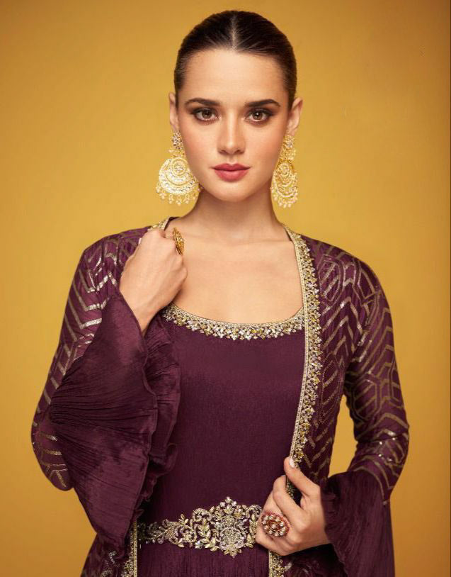 Elegant Maroon colored Gowns with Jacket - Rent