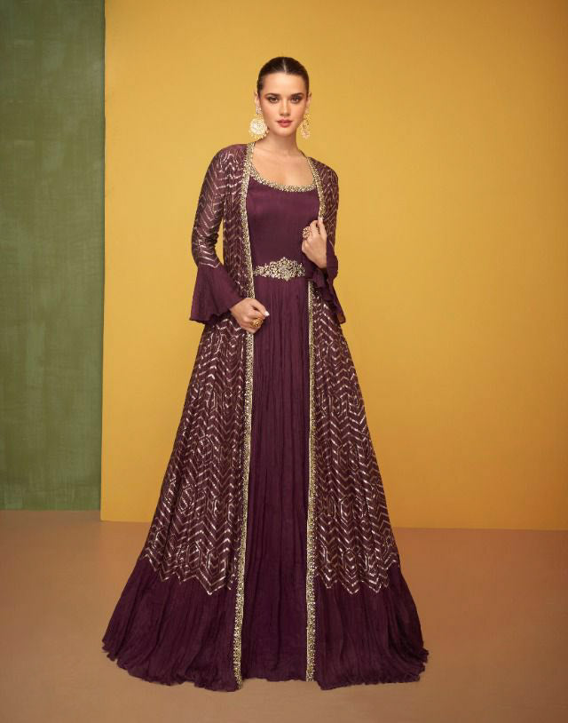 Elegant Maroon colored Gowns with Jacket - Rent