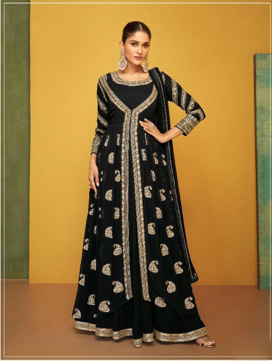 Elegant Black colored Anarkali with Jacket - Rent