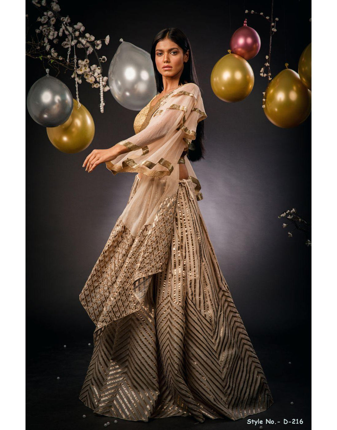 Rent Gold Foil Ghagra With Layered Sleeve And Drape Style Top-Women-Glamourental