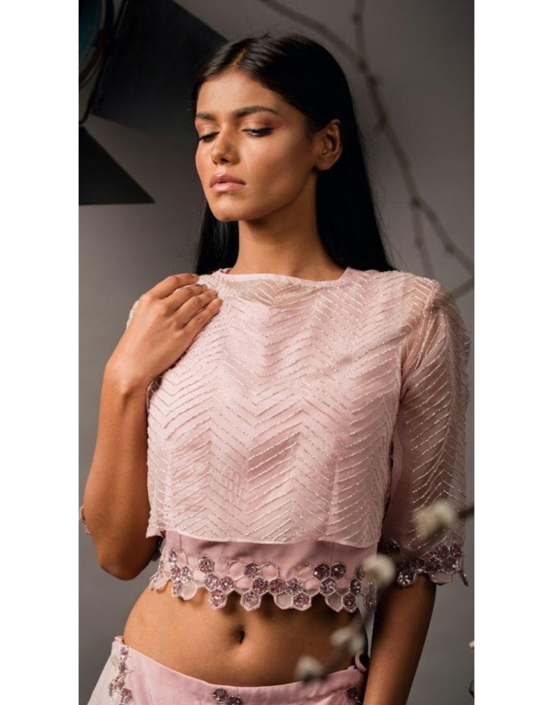 Rent Honeycome Skirt And Crop Top Baby Pink Color-Women-Glamourental