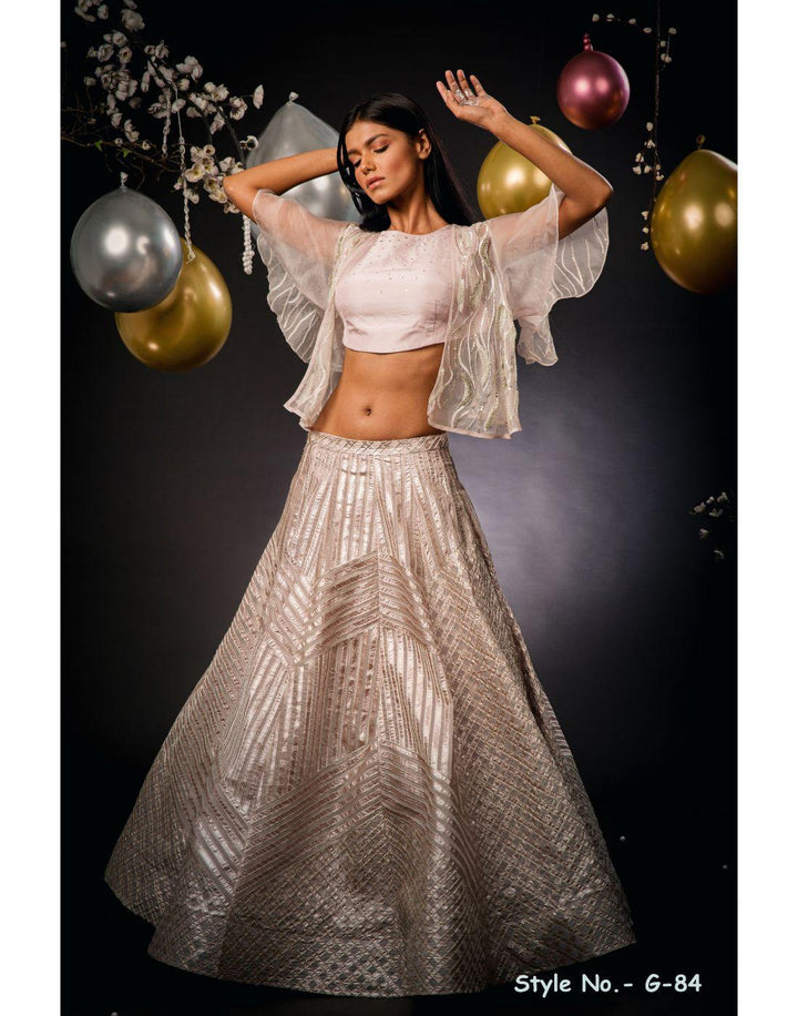 Rent Light Pink Foil Ghagra With Crop Top And Jacket Style-Women-Glamourental