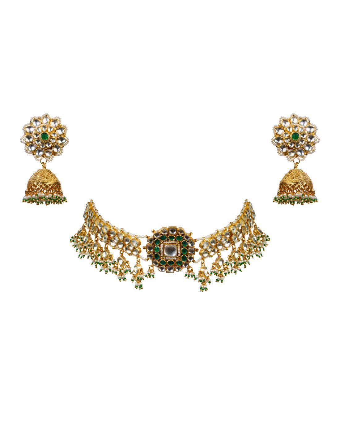 Arnara Indian Bollywood Gold Plated Green Pearl Kundan Choker Necklace Earrings Set Women Jewelry-Accessories-Glamourental