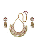 Pink And White Kundan Choker With Jhumki Earrings-Accessories-Glamourental