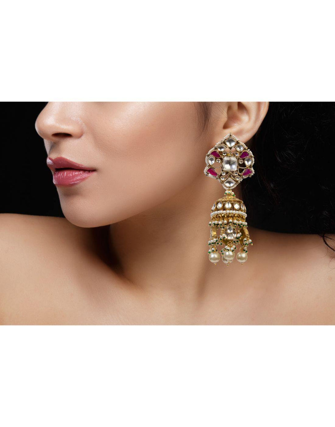 Pink And White Kundan Choker With Jhumki Earrings-Accessories-Glamourental