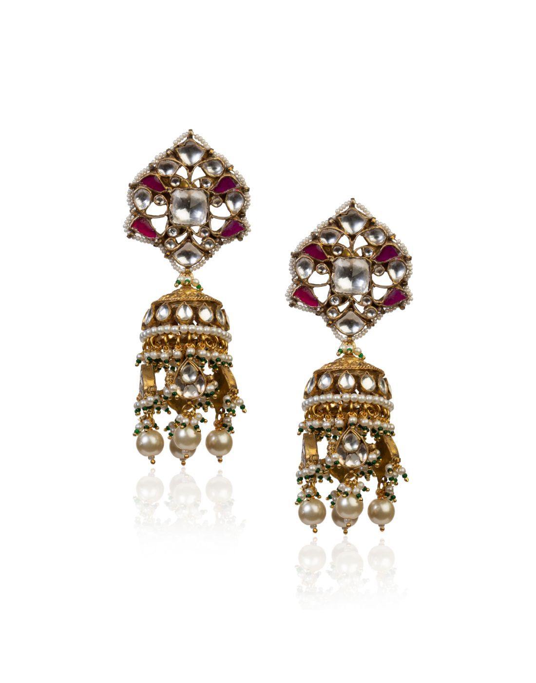 Pink And White Kundan Choker With Jhumki Earrings-Accessories-Glamourental