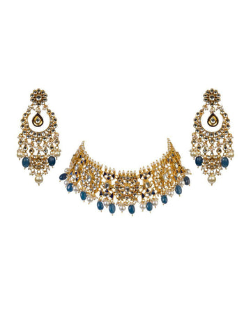 Blue Small Stone Choker With Earrings-Accessories-Glamourental